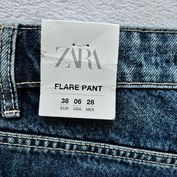 ZARA High Rise Full Length Flare Blue Jeans--6 - Picture 8 of 14